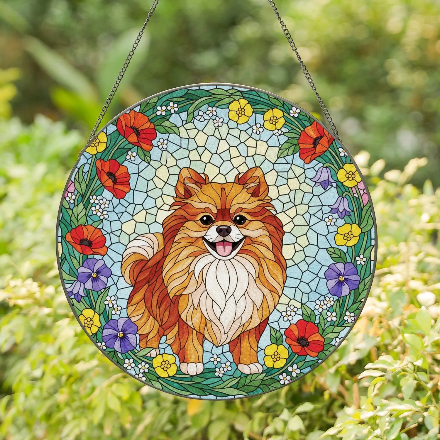 Orange Pomeranian Dog Colorful Floral Border - Home Decor Gift for Pet Owners Stained Glass Suncatcher - 1