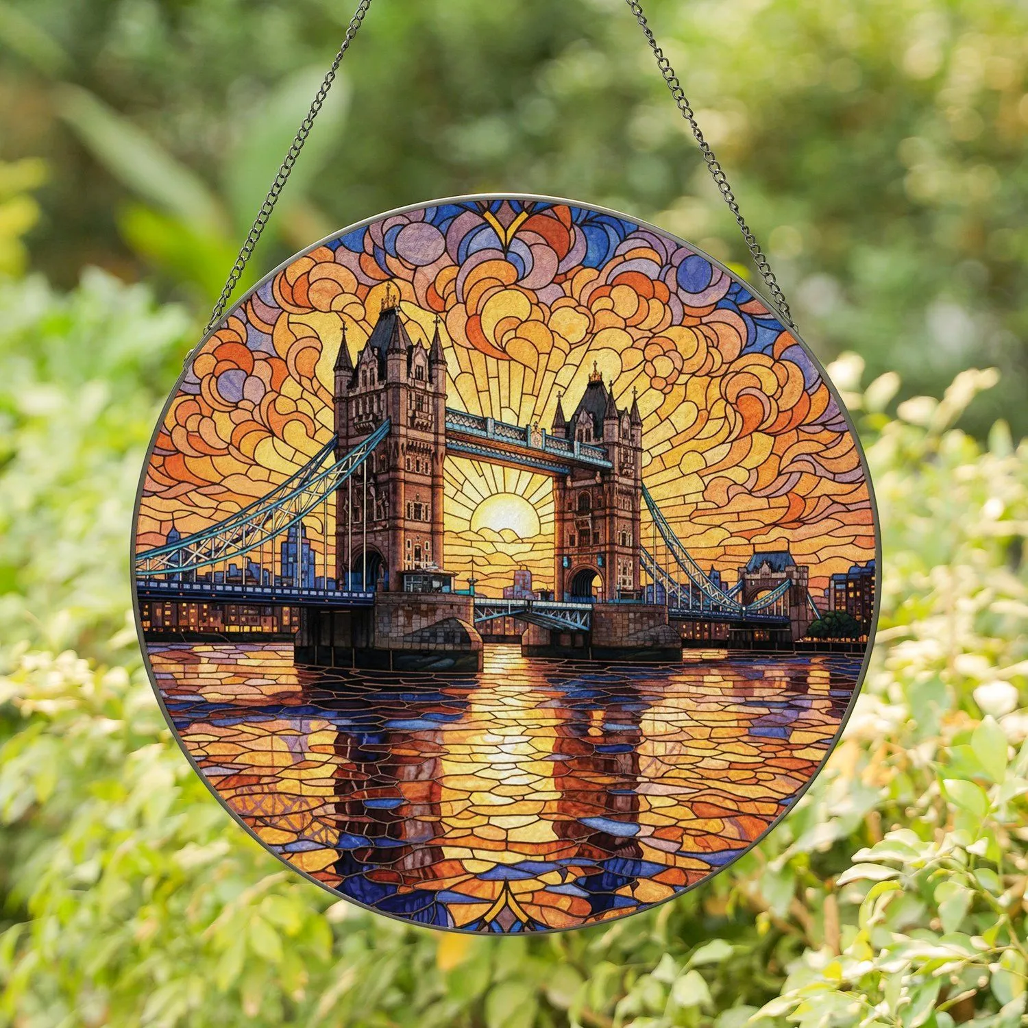 Tower Bridge River Thames Urban Skyline Swirling Clouds Sunrise Sunset - Home Decor Gift Stained Glass Suncatcher - 1
