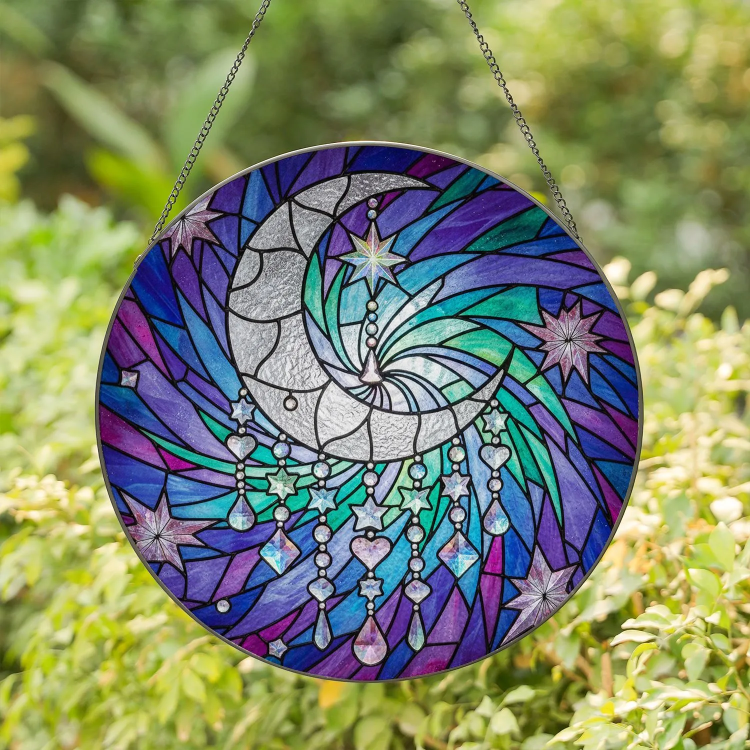 Shimmering Crescent Moon Star Prism Cascading Crystal Forms Cosmic Night Sky - Home Decor Gift Stained Glass Suncatcher - 1