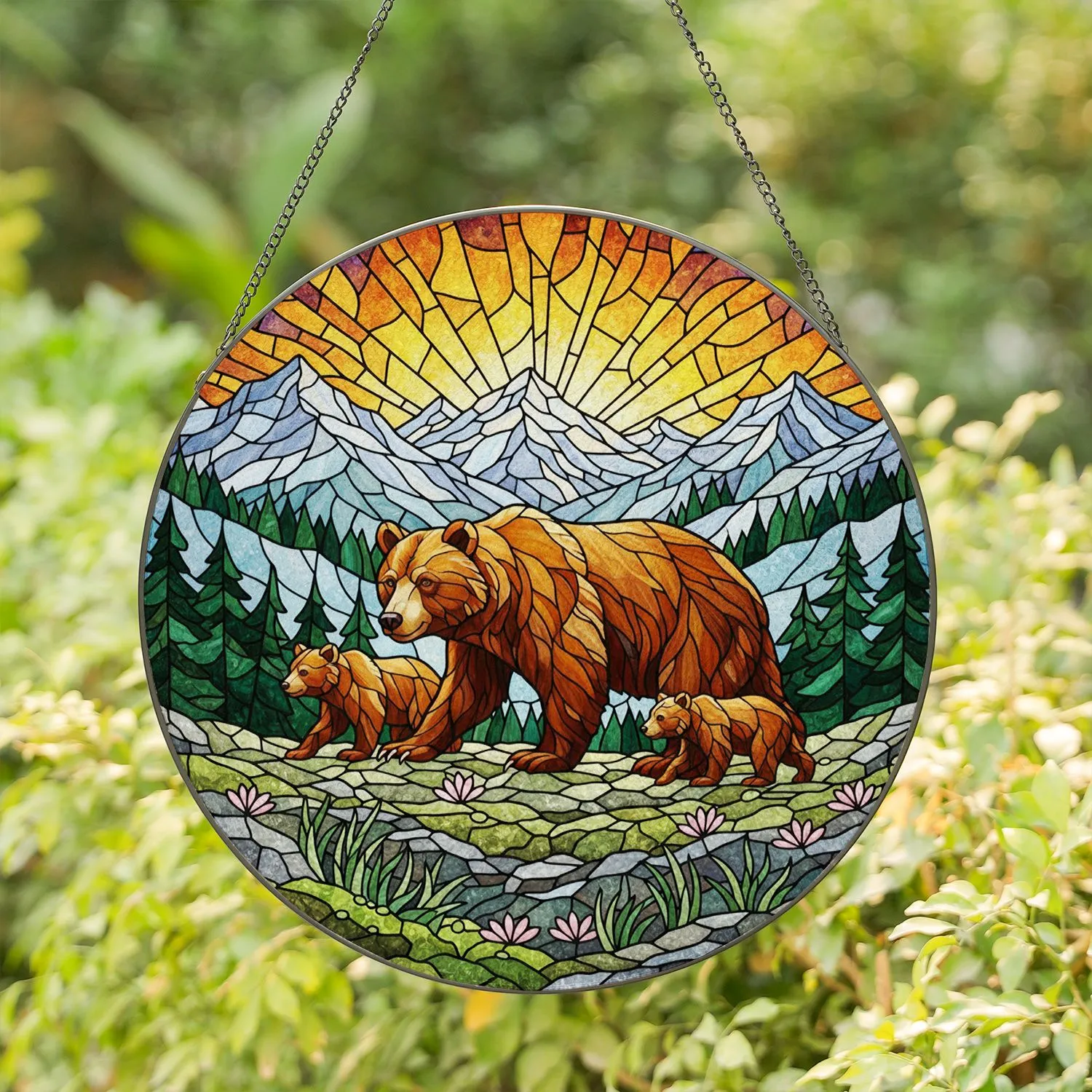 Brown Bear Cubs Mountain Wildflower Snow-Capped Peaks - Wildlife Lover Gift Stained Glass Suncatcher - 1
