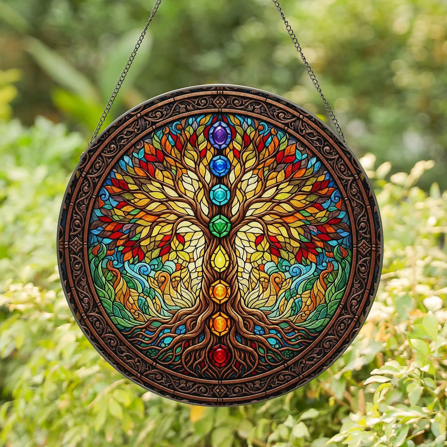 Tree of Life Chakra Gemstones - Yoga Home Decor Gift for Yoga Lover Stained Glass Suncatcher - 1