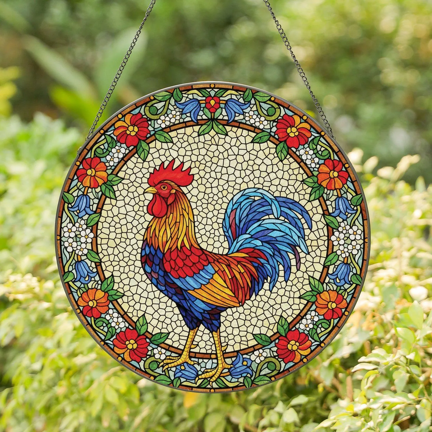 Rooster Fanned Tail Feathers Flowers Mosaic Stained Glass - Farmhouse Decor Gift for Rooster Lover Stained Glass Suncatcher - 1