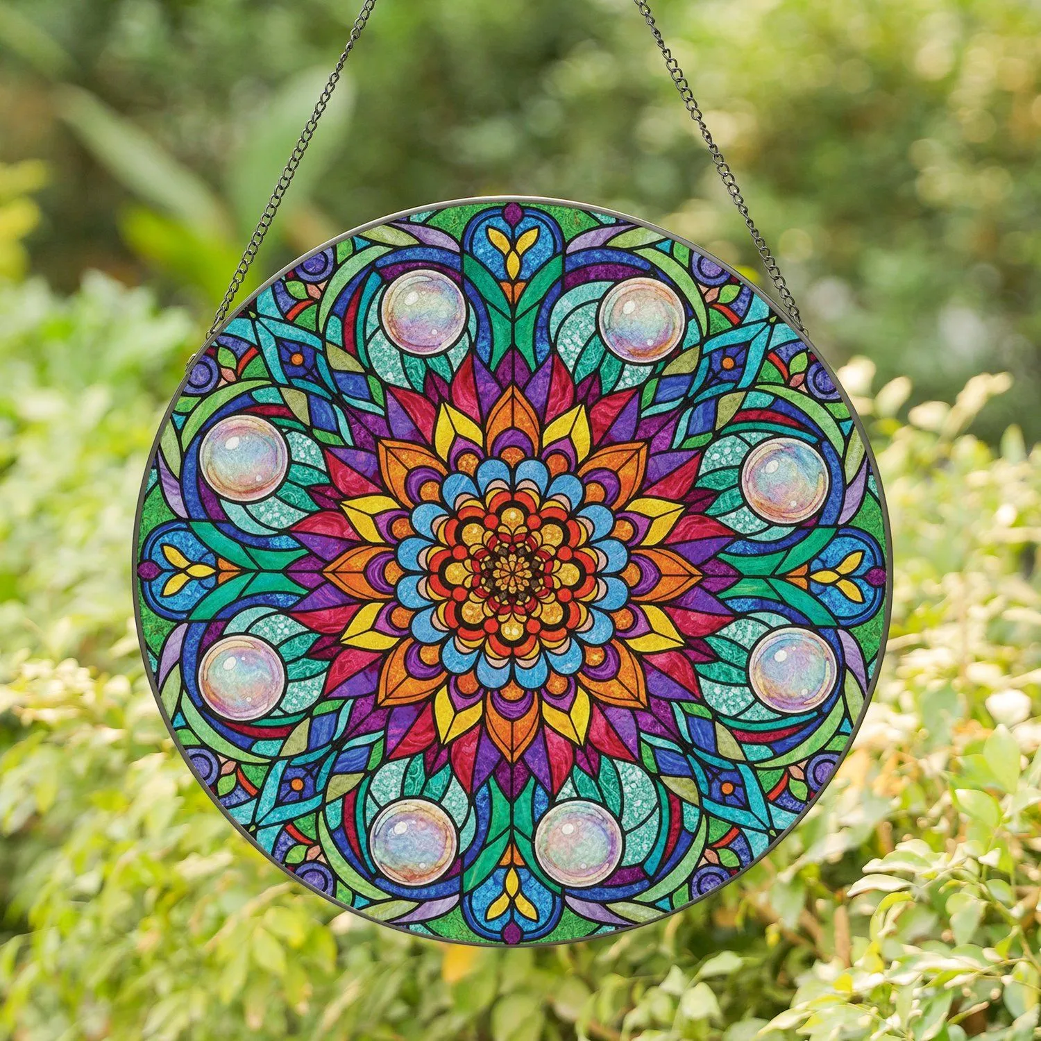 Mandala Dahlia Chrysanthemum Flower Bubbles - Home Decor Gift for Flower Lover Stained Glass Suncatcher - 1