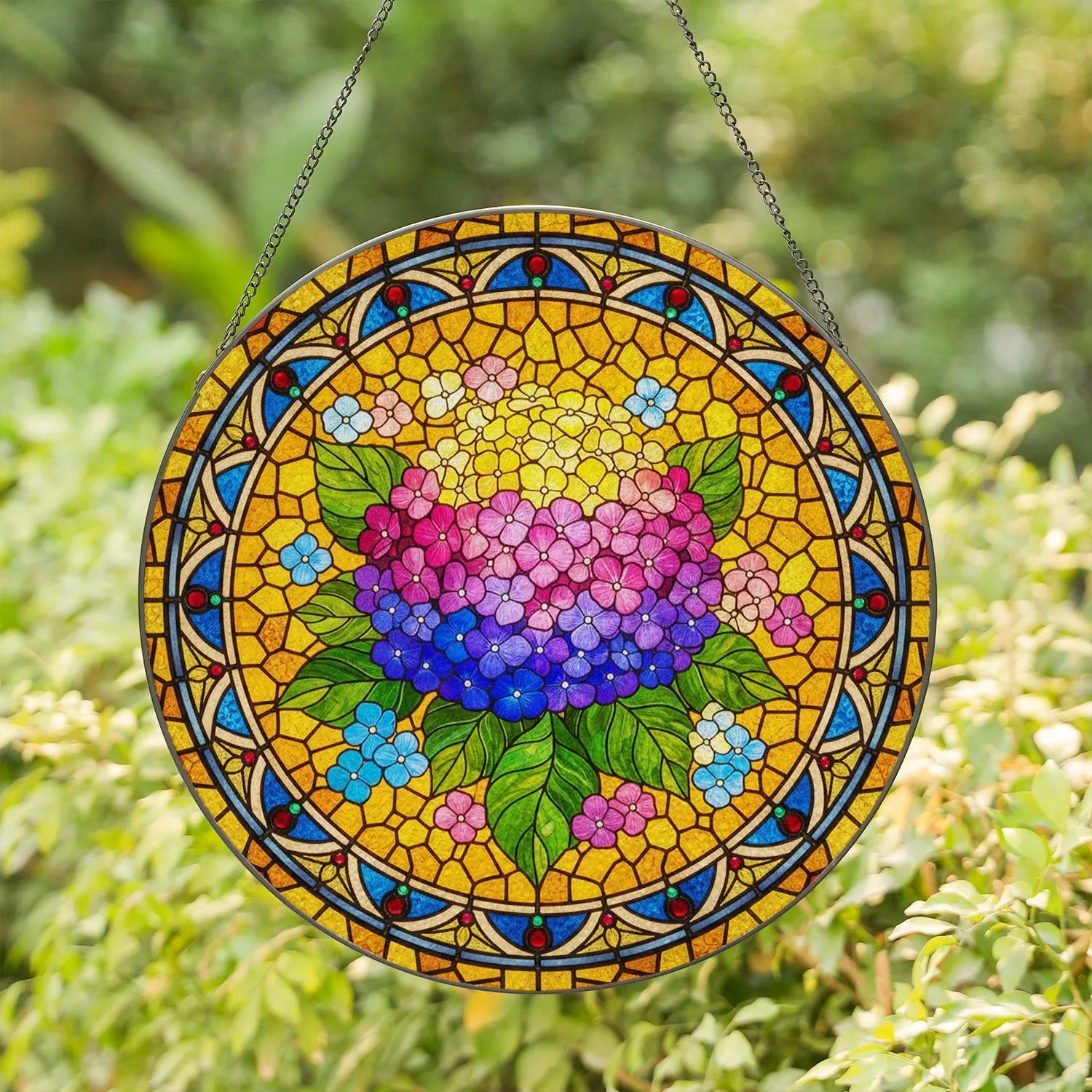 Gradient Hydrangea Floral Cluster Jewel Glass Border Mosaic - Home Decor Gift Stained Glass Suncatcher - 1