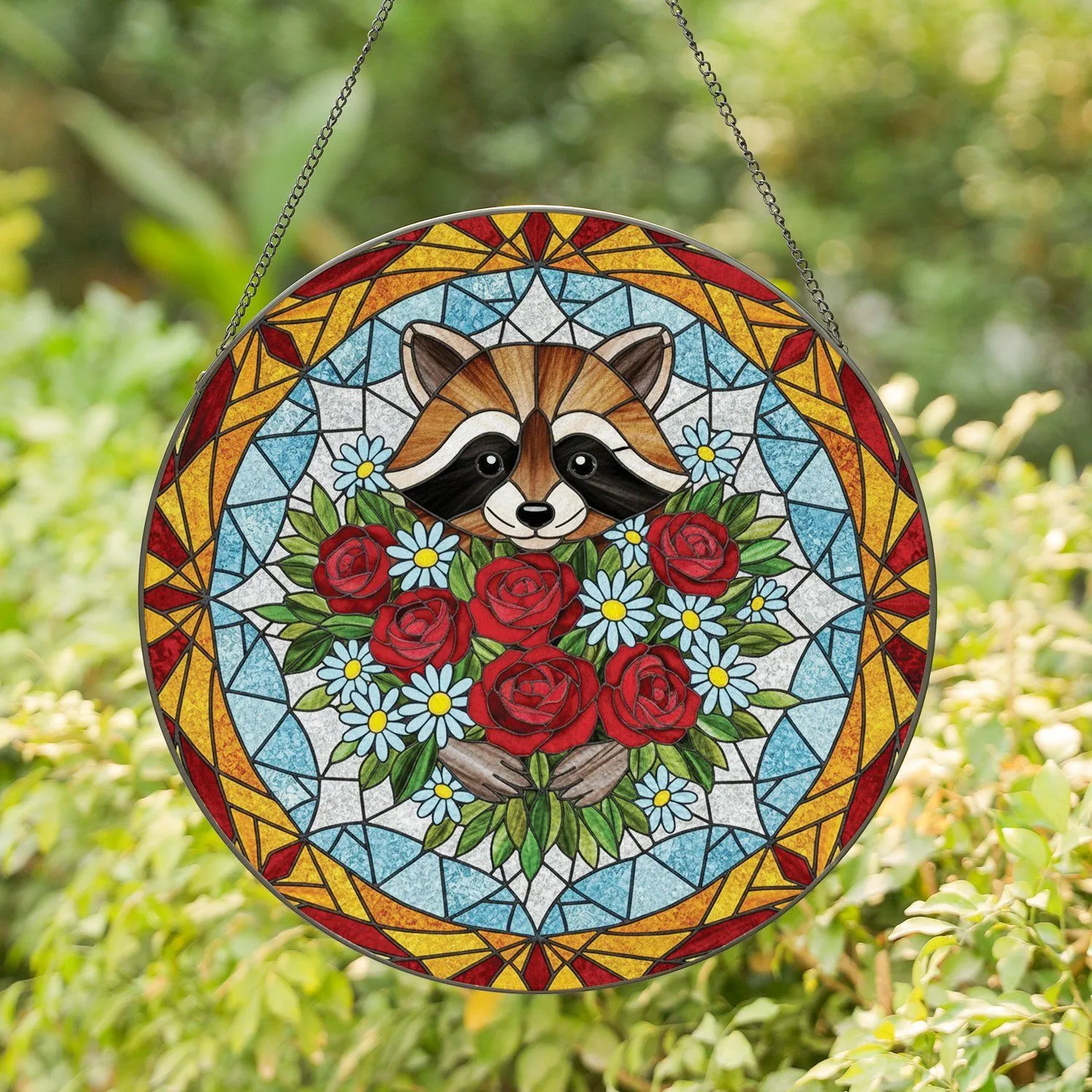 Raccoon Red Rose White Blue Daisy Floral Bouquet - Wildlife Lover Home Decor Gift Stained Glass Suncatcher - 1
