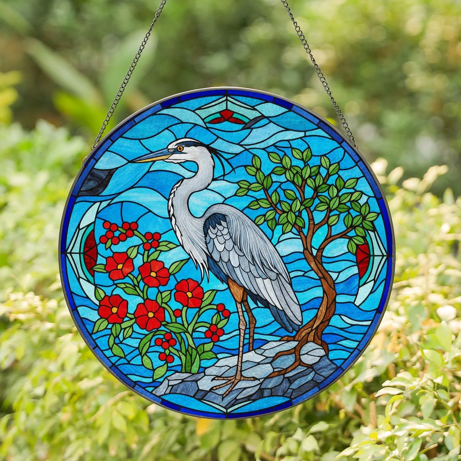 Jewel Tone Great Blue Heron Stained Glass Water Scene - Bird Lover Home Decor Gift Stained Glass Suncatcher - 1