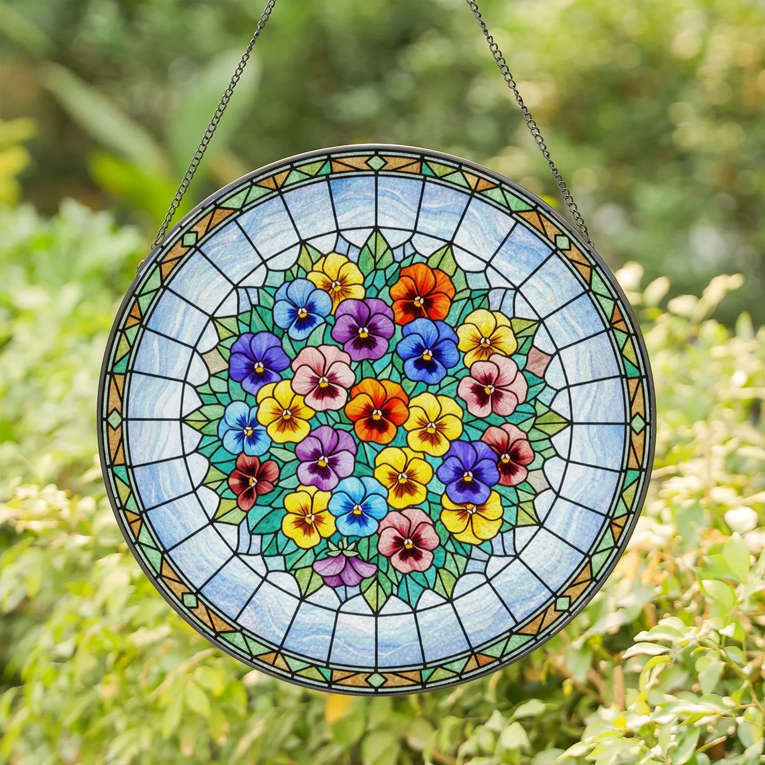 Pansy Floral Bouquet Green Leaves Mosaic Circular Border Luminous Sky - Home Decor Gift for Garden Lovers Stained Glass Suncatcher - 1