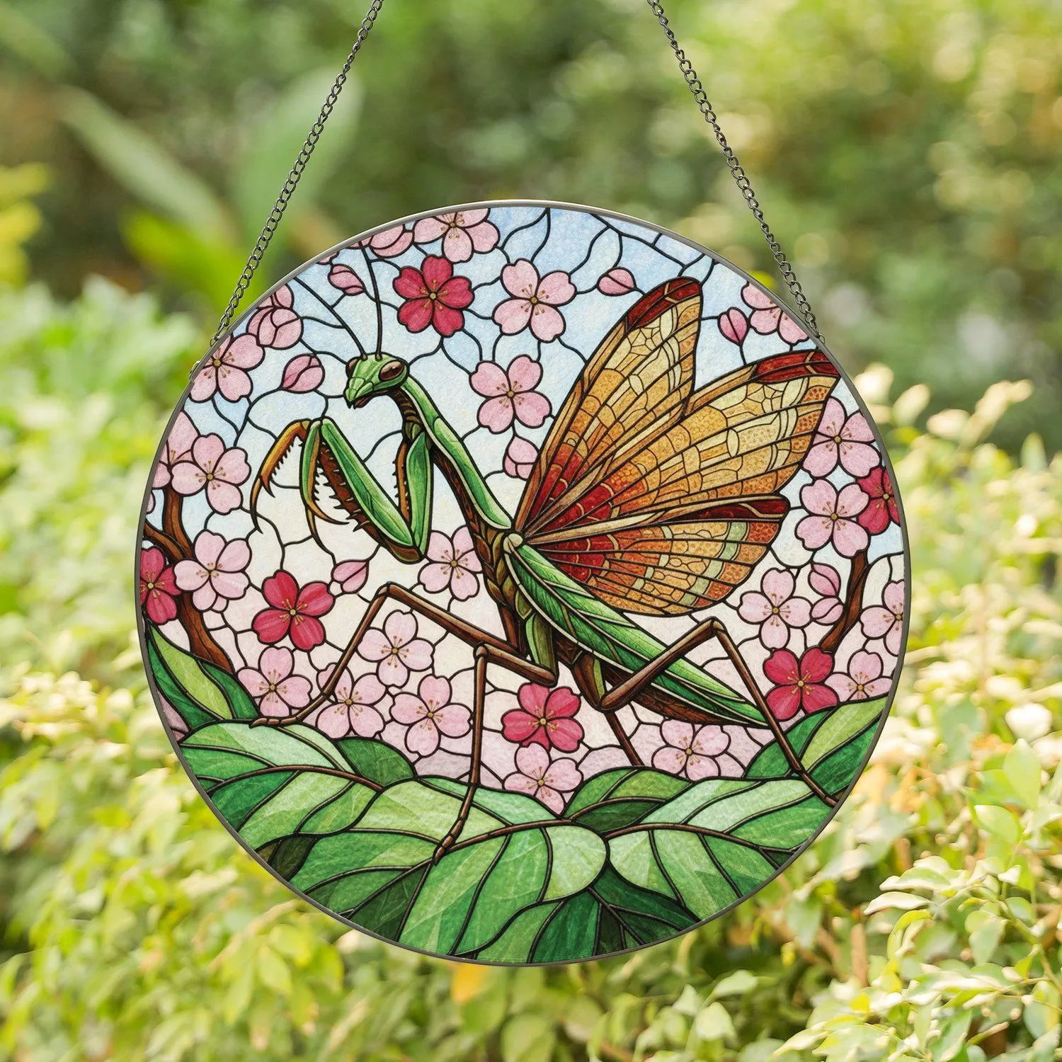 Praying Mantis Green Leaves Cherry Blossoms Edge-to-Edge - Glowing Jewel Tone Home Decor Gift Stained Glass Suncatcher - 1