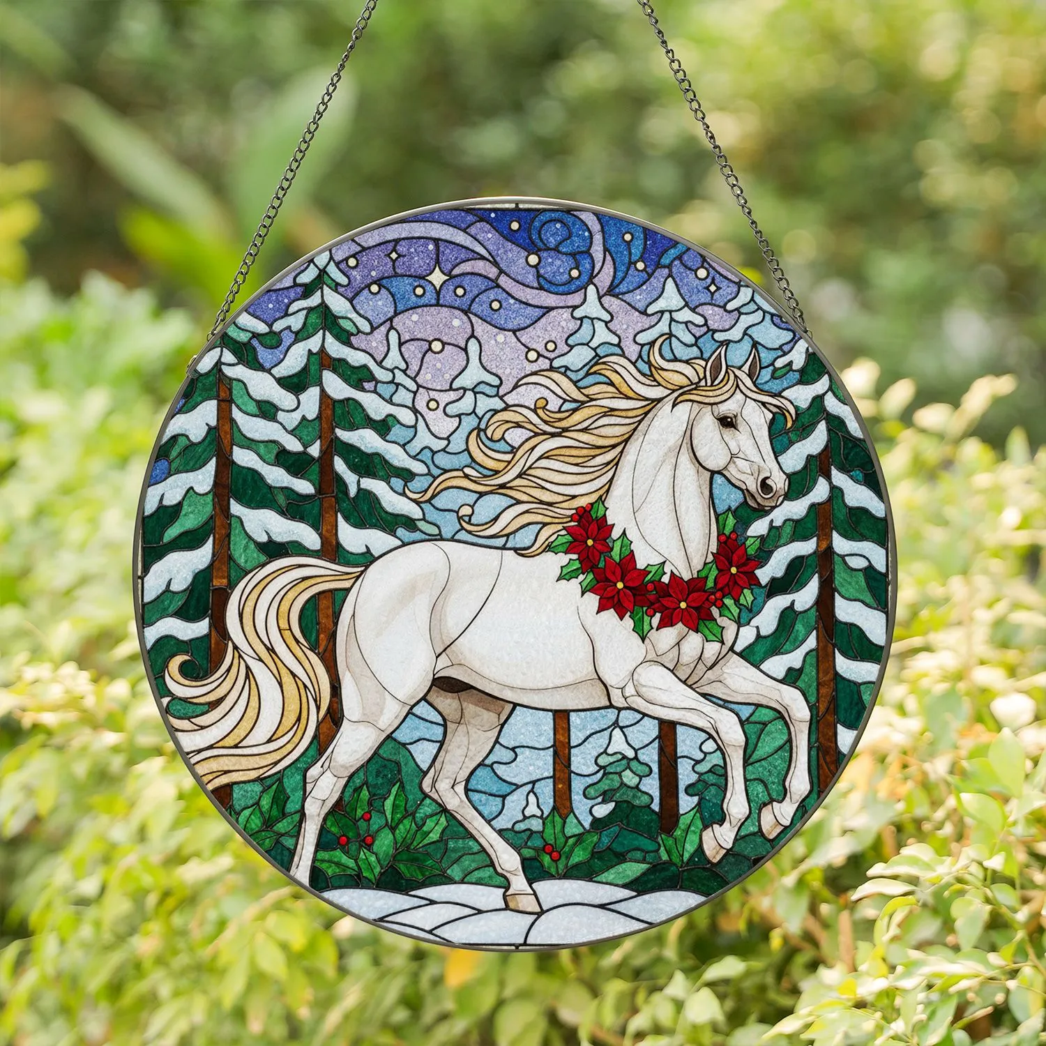 White Horse Christmas Wreath Poinsettia Winter Forest - Christmas Home Decor Gift Stained Glass Suncatcher - 1