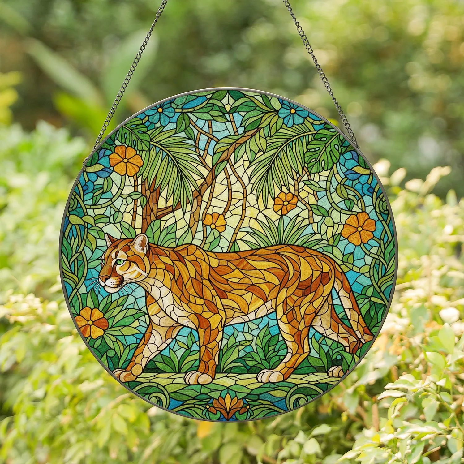 Majestic Leopard Cougar Lush Jungle Floral Home Decor Gift for Wildlife Lover Stained Glass Suncatcher - 1