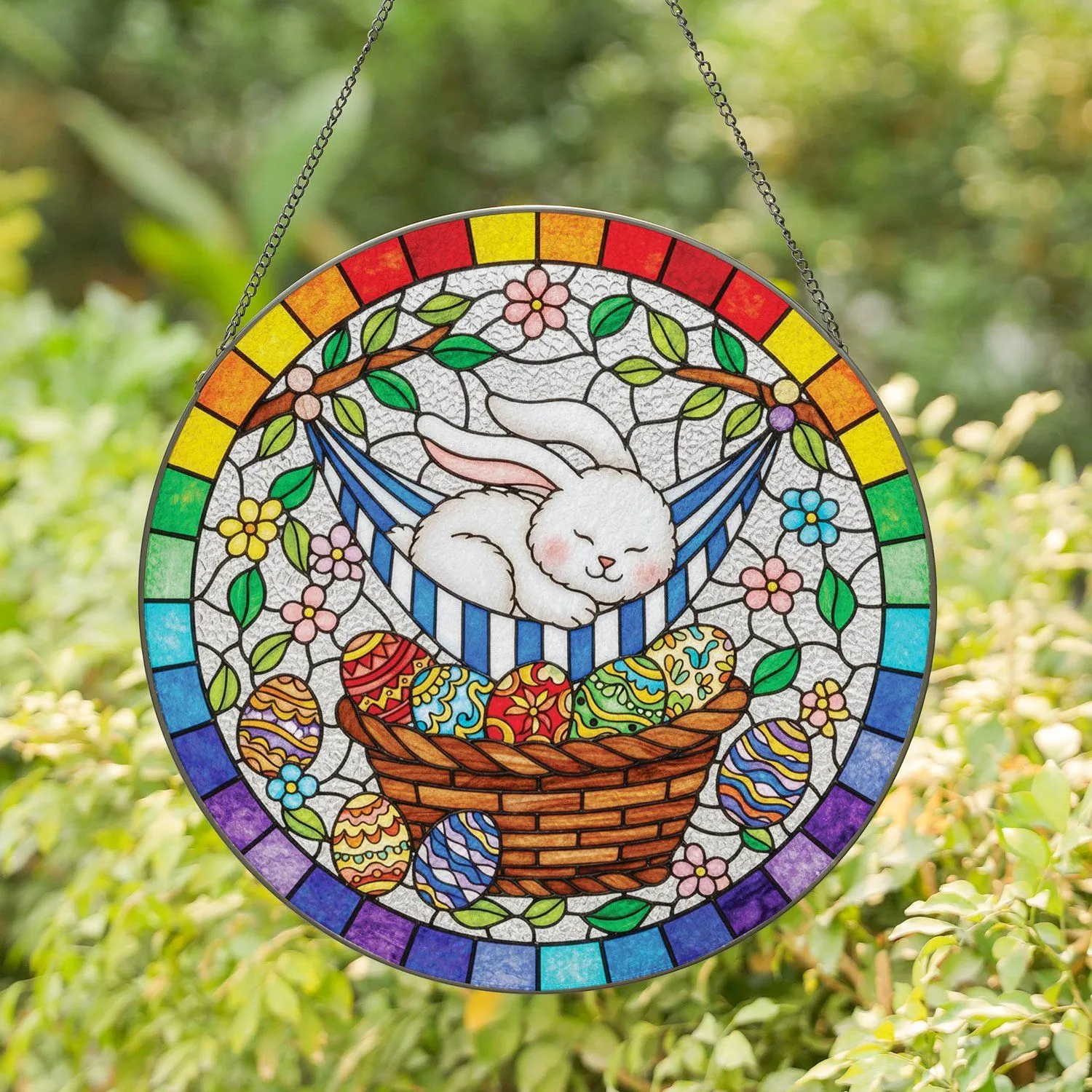 Fluffy Bunny Napping Hammock Rainbow Easter Eggs - Spring Home Decor Gift Stained Glass Suncatcher - 1
