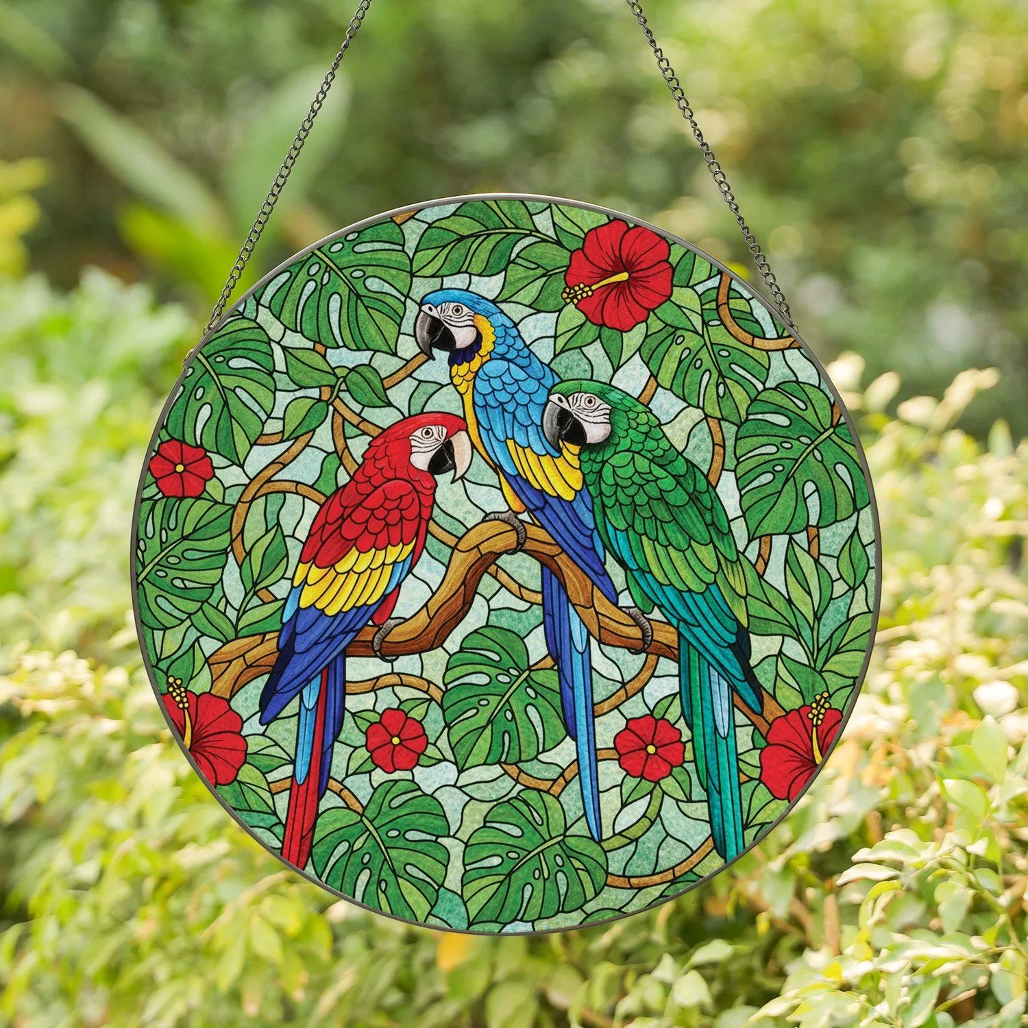 Macaws Tropical Hibiscus Foliage Vines - Wildlife Lover Home Decor Gift Stained Glass Suncatcher - 1