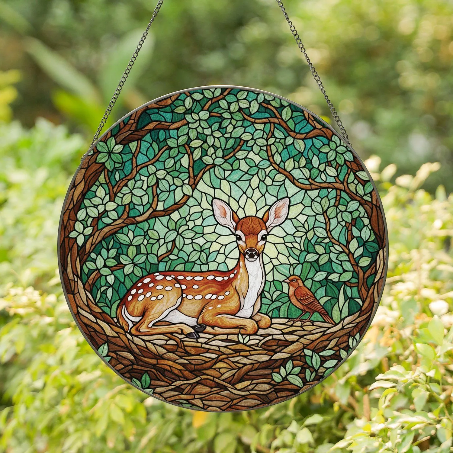 Fawn White Spots Bird Forest Woodland Scene Root System - Wildlife Lover Home Decor Gift Stained Glass Suncatcher - 1