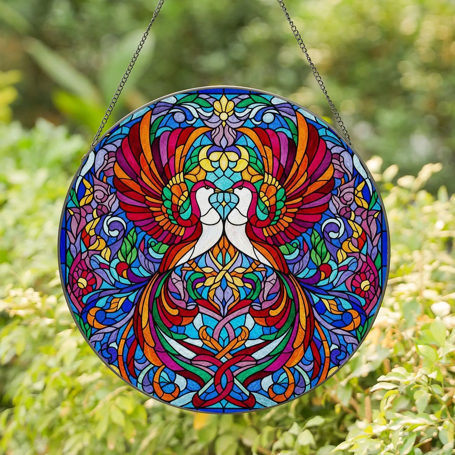 Tiffany Style Stained Glass Birds Heart Silhouette - Home Decor Gift for Bird Lover Stained Glass Suncatcher - 1