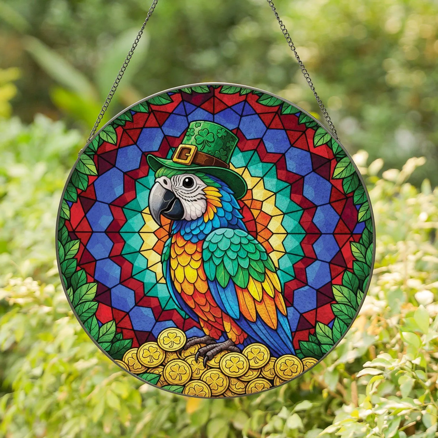 Macaw Parrot Leprechaun Hat Gold Coins Shamrock - St. Patrick's Day Home Decor Gift Stained Glass Suncatcher - 1