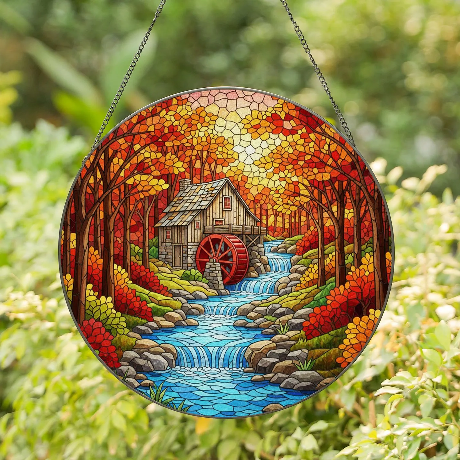 Colorful Rustic Watermill Red Waterwheel Autumn Forest River - Nature Lover Home Decorating Stained Glass Suncatcher - 1