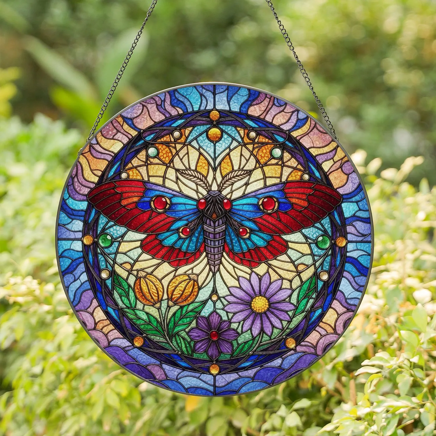 Moth Red Jeweled Eye Dreamcatcher Purple Daisy Foliage Swirling Sky Light - Home Decor Gift Stained Glass Suncatcher - 1
