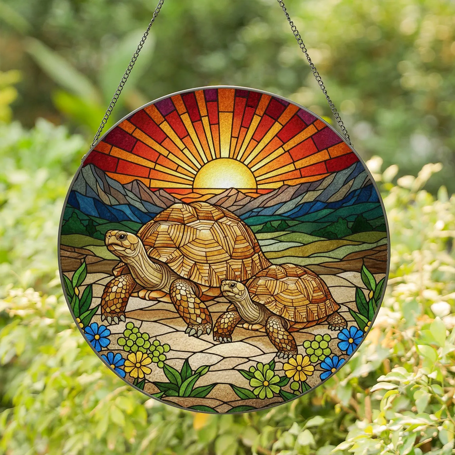 Tortoises Lush Plants Succulents Flowers Sunset Mountains - Wildlife Lover Gift Stained Glass Suncatcher - 1