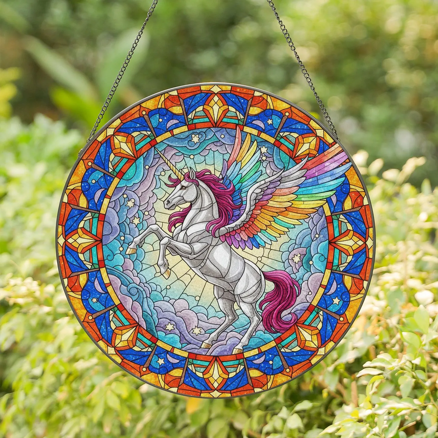 Unicorn Rainbow Wings Gold Horn Magenta Mane Swirling Clouds Stars - Home Decor Gift Stained Glass Suncatcher - 1