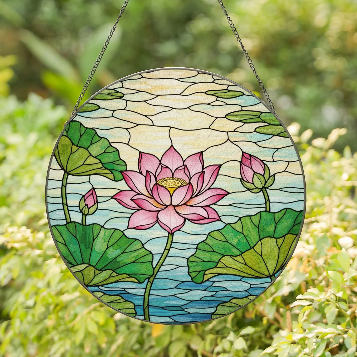 Large Pink Lotus Flowers Buds Lily Pads Serene Pond Water Scene - Home Decor Gift Stained Glass Suncatcher - 1