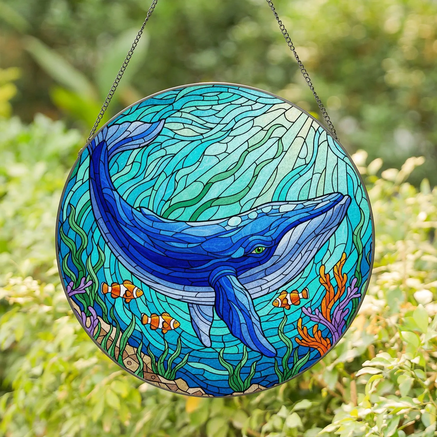 Stained Glass Blue Whale Underwater Scene - Home Decor Gift for Ocean Lover Stained Glass Suncatcher - 1