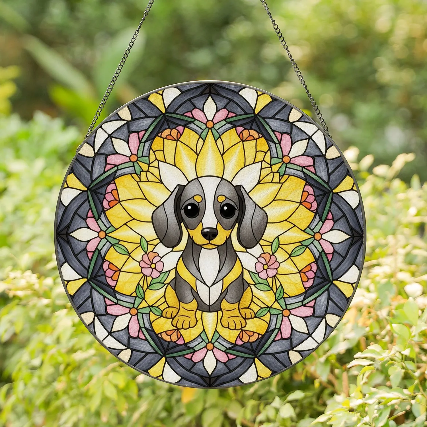 Dachshund Puppy Stained Glass Floral - Home Decor Gift for Dog Lover Stained Glass Suncatcher - 1