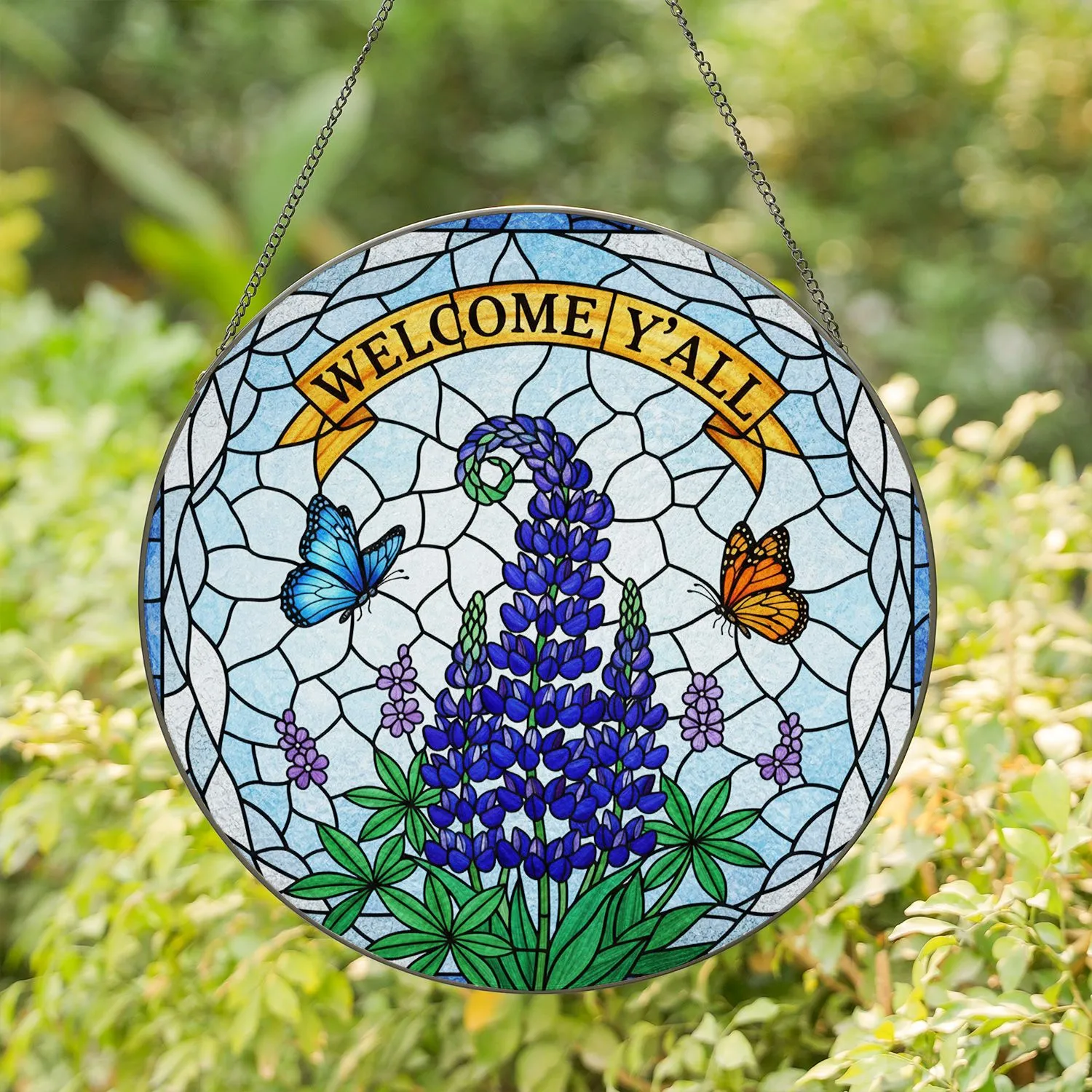Welcome Y'all Purple Lupine Wildflowers Blue Monarch Butterfly - Housewarming Home Decor Gift Stained Glass Suncatcher - 1
