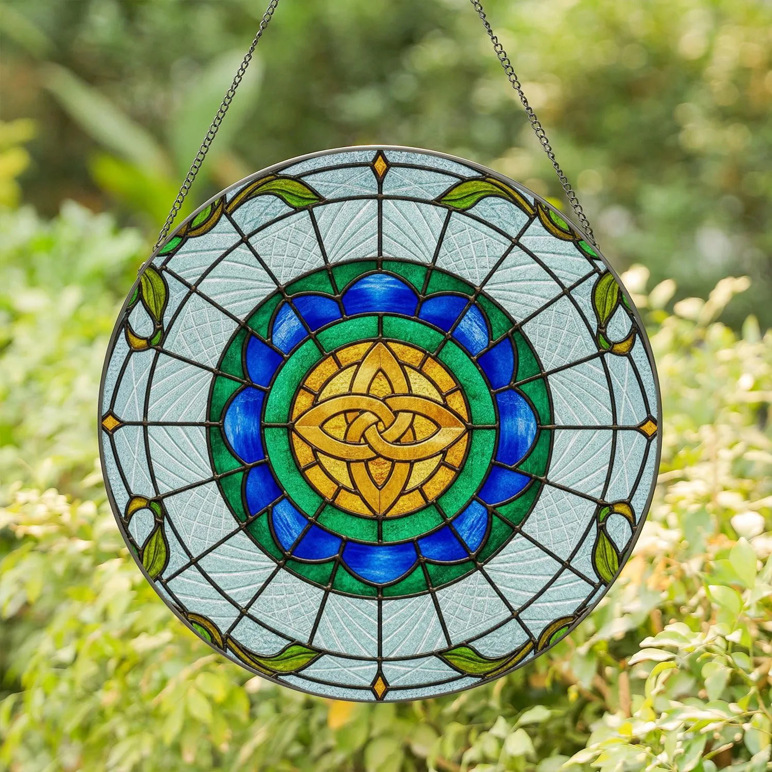 Celtic Triquetra Knot Circular Frame Organic Leaf Geometric Mosaic - Home Decor Gift Stained Glass Suncatcher - 1