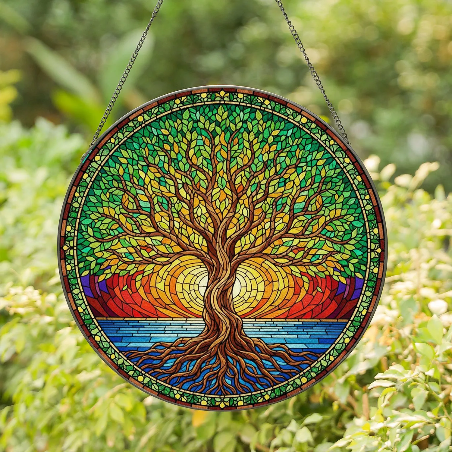 Tree of Life Gnarled Roots Canopy Mandala Jewel Tones Tiffany Glass - Home Decor Gift Stained Glass Suncatcher - 1
