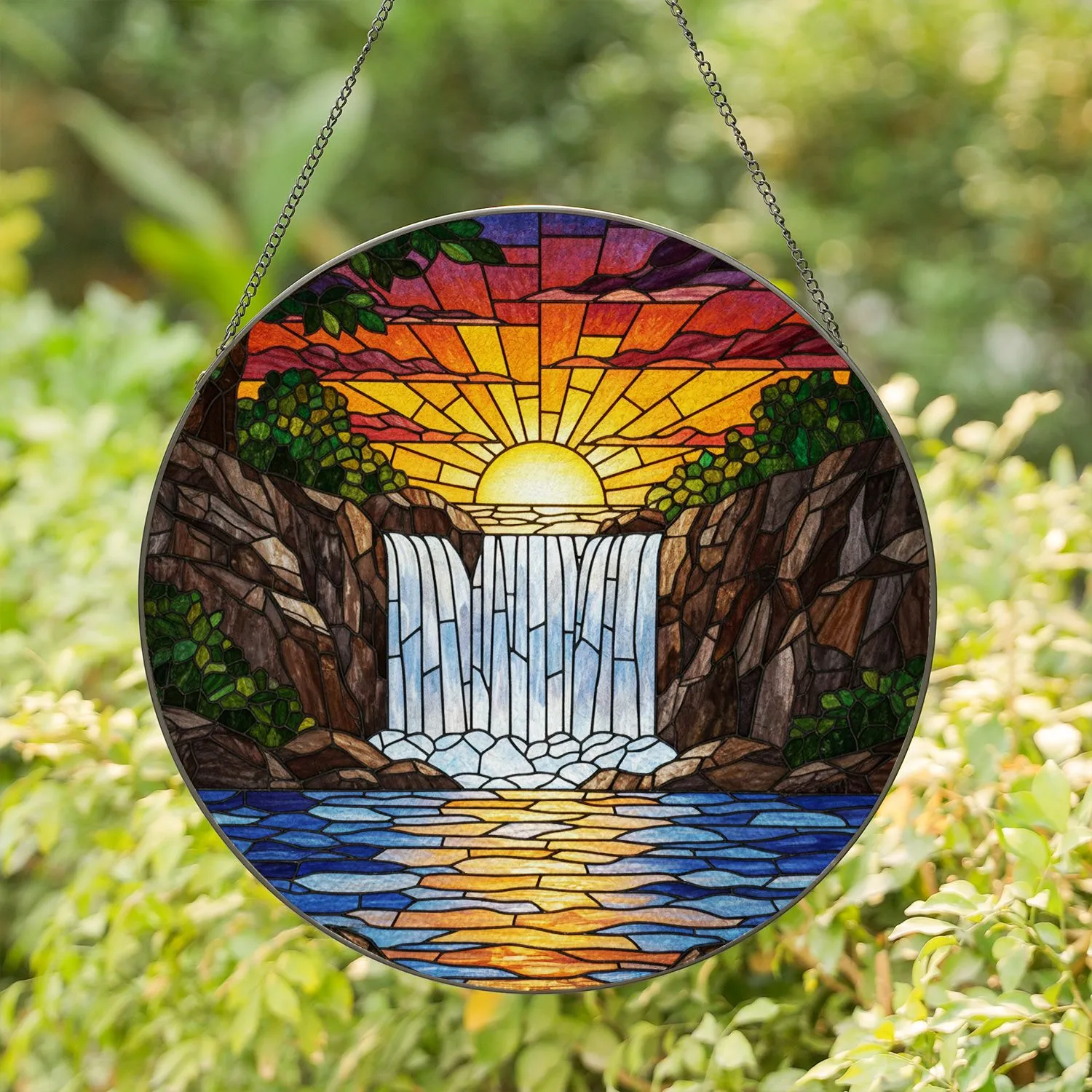 Majestic Multi-tiered Waterfall System Sunset Golden Sun Cliffs - Home Decor Gift Stained Glass Suncatcher - 1
