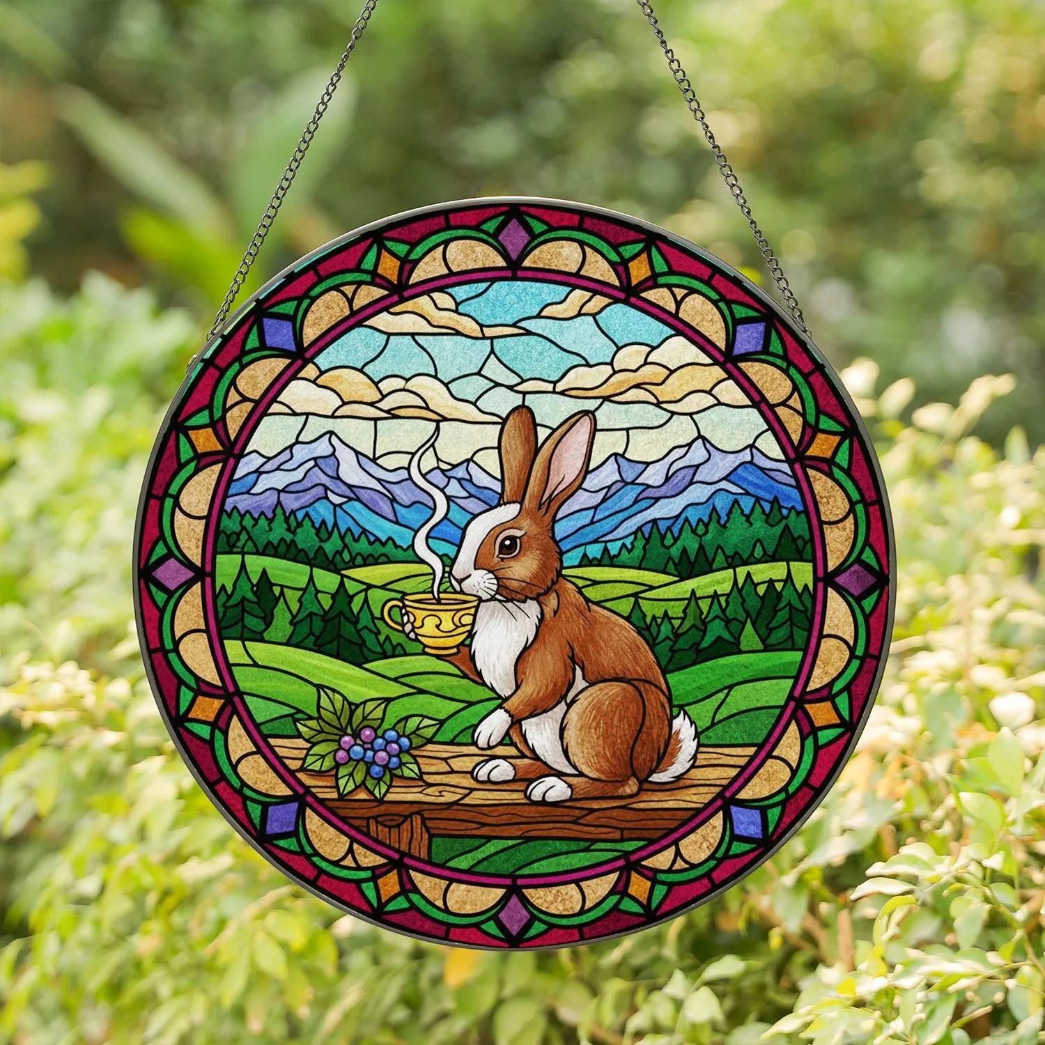 Brown White Rabbit Teacup Ornate Stained Glass Forest Mountains - Home Decor Gift Stained Glass Suncatcher - 1