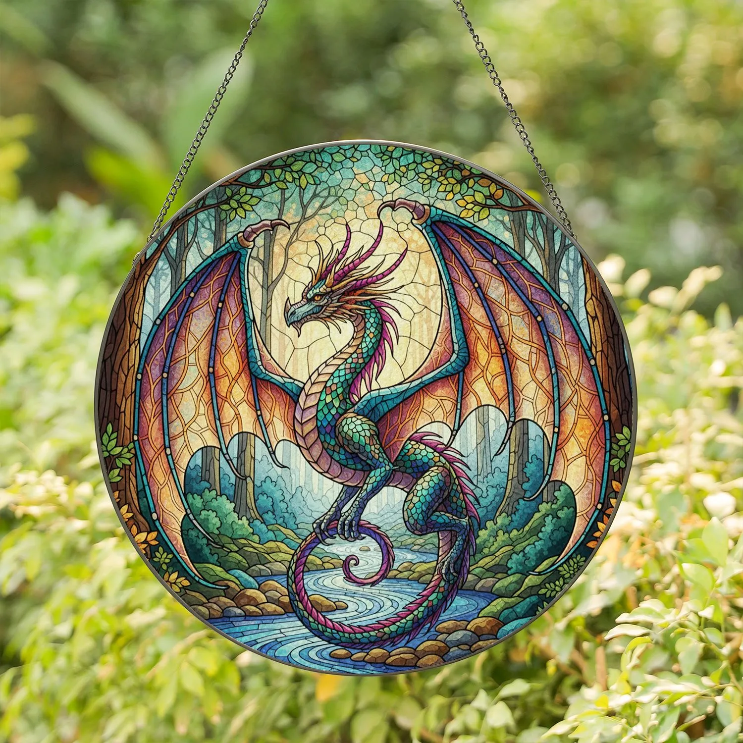Vibrant Majestic Stained Glass Fantasy Dragon - Misty Forest Home Decor Gift Stained Glass Suncatcher - 1