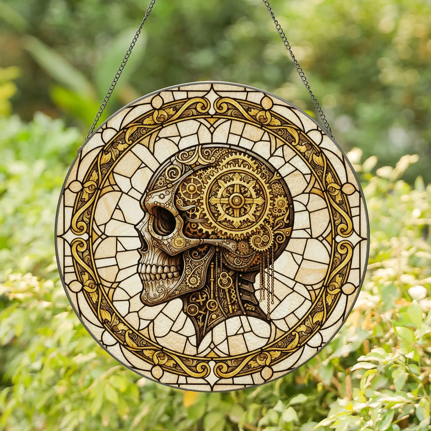 Steampunk Skull Golden Gears Clockwork Filigree Chains - Steampunk Lover Home Decor Gift Stained Glass Suncatcher - 1