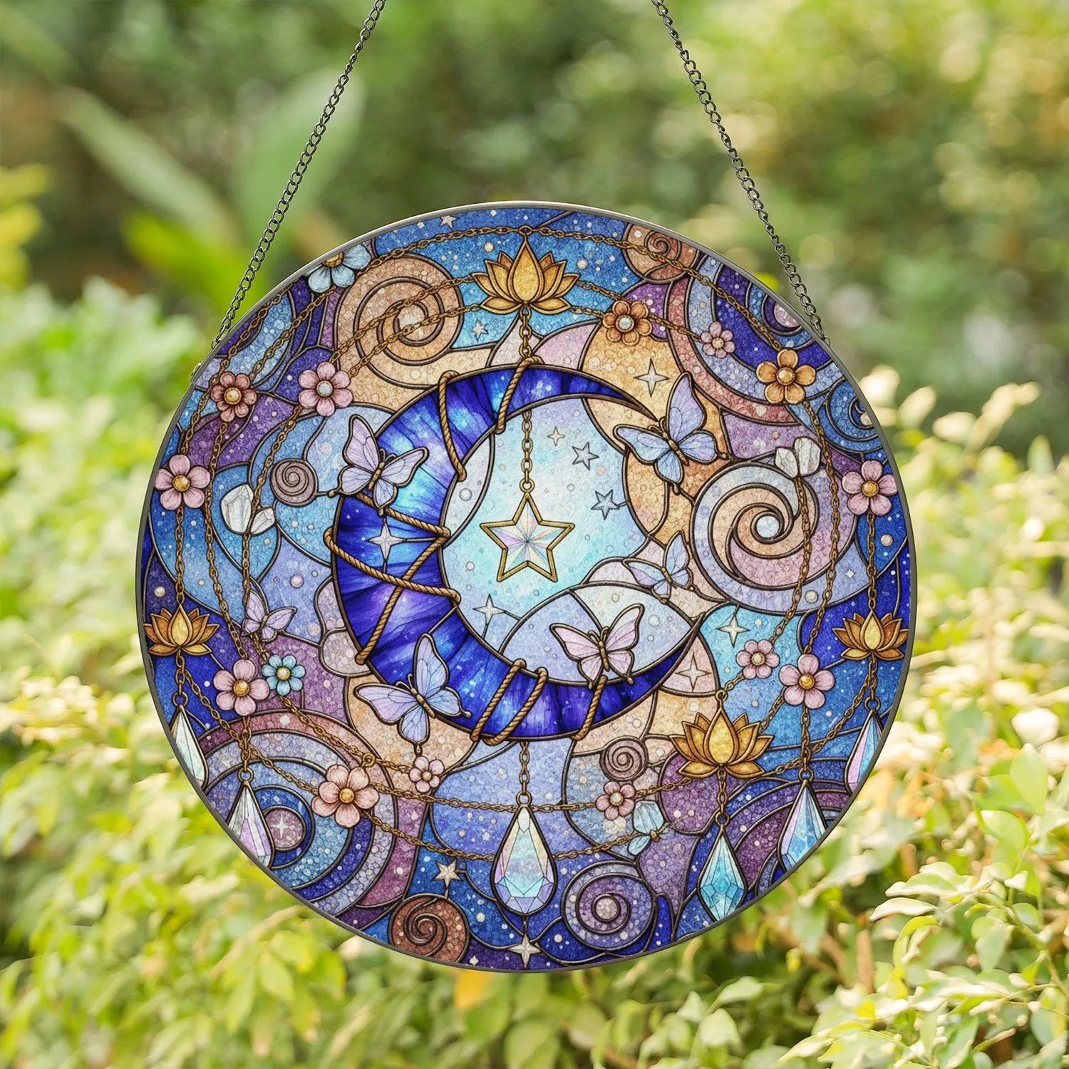 Crescent Moon Butterflies Star Charm Golden Chains Lotus Flowers Crystals - Home Decor Gift Stained Glass Suncatcher - 1