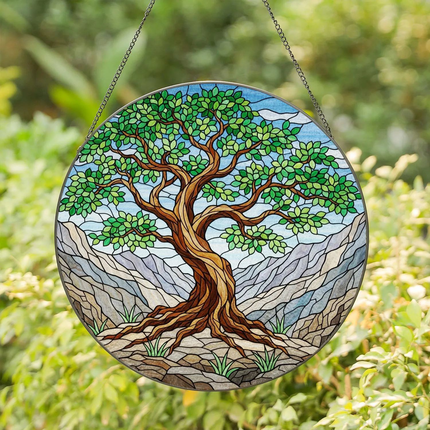 Ancient Gnarled Tree Rocky Boulders Mountains Clear Sky - Home Decor Gift for Nature Lover Stained Glass Suncatcher - 1
