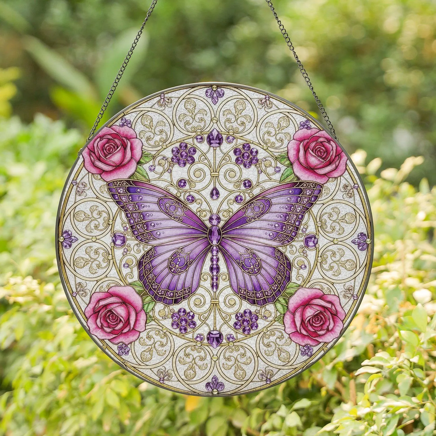 Stained Glass Butterfly Pink Roses Gold Filigree Gemstones - Home Decor Gift for Butterfly Lover Stained Glass Suncatcher - 1