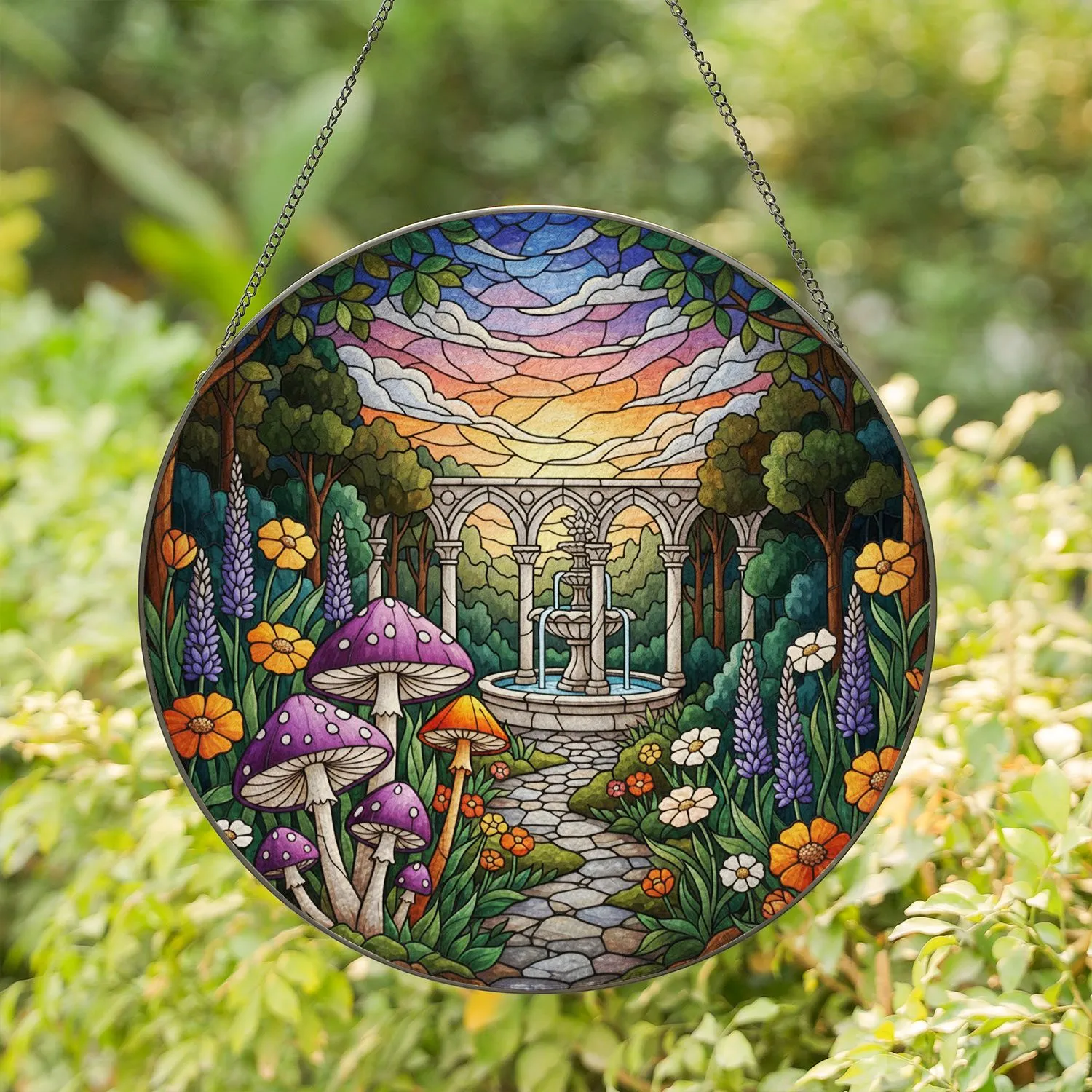 Purple Orange Mushroom Cluster Wildflower Forest Fountain - Home Decor Gift Stained Glass Suncatcher - 1