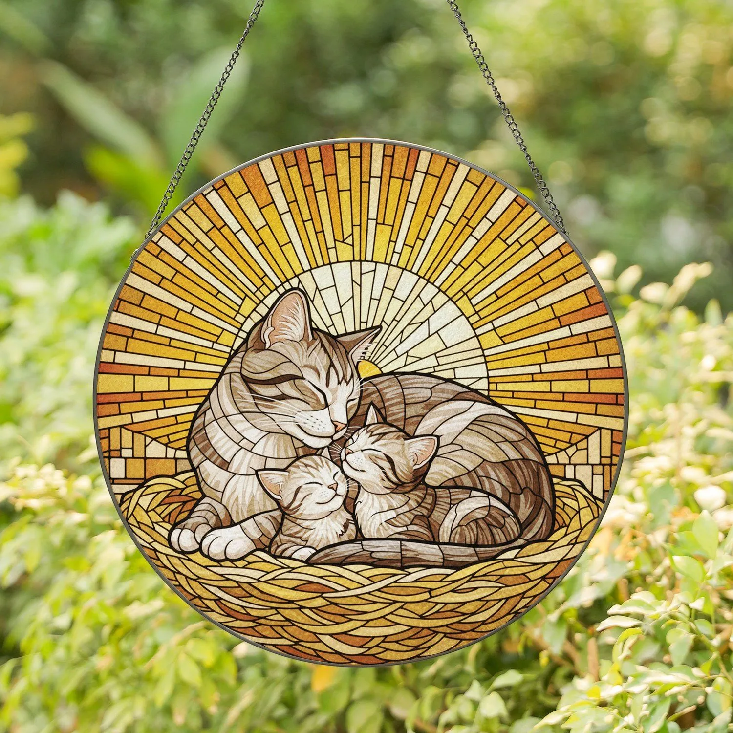 Protective Tabby Mother Cat Kittens Woven Nest - Mother's Day Home Decor Gift Stained Glass Suncatcher - 1