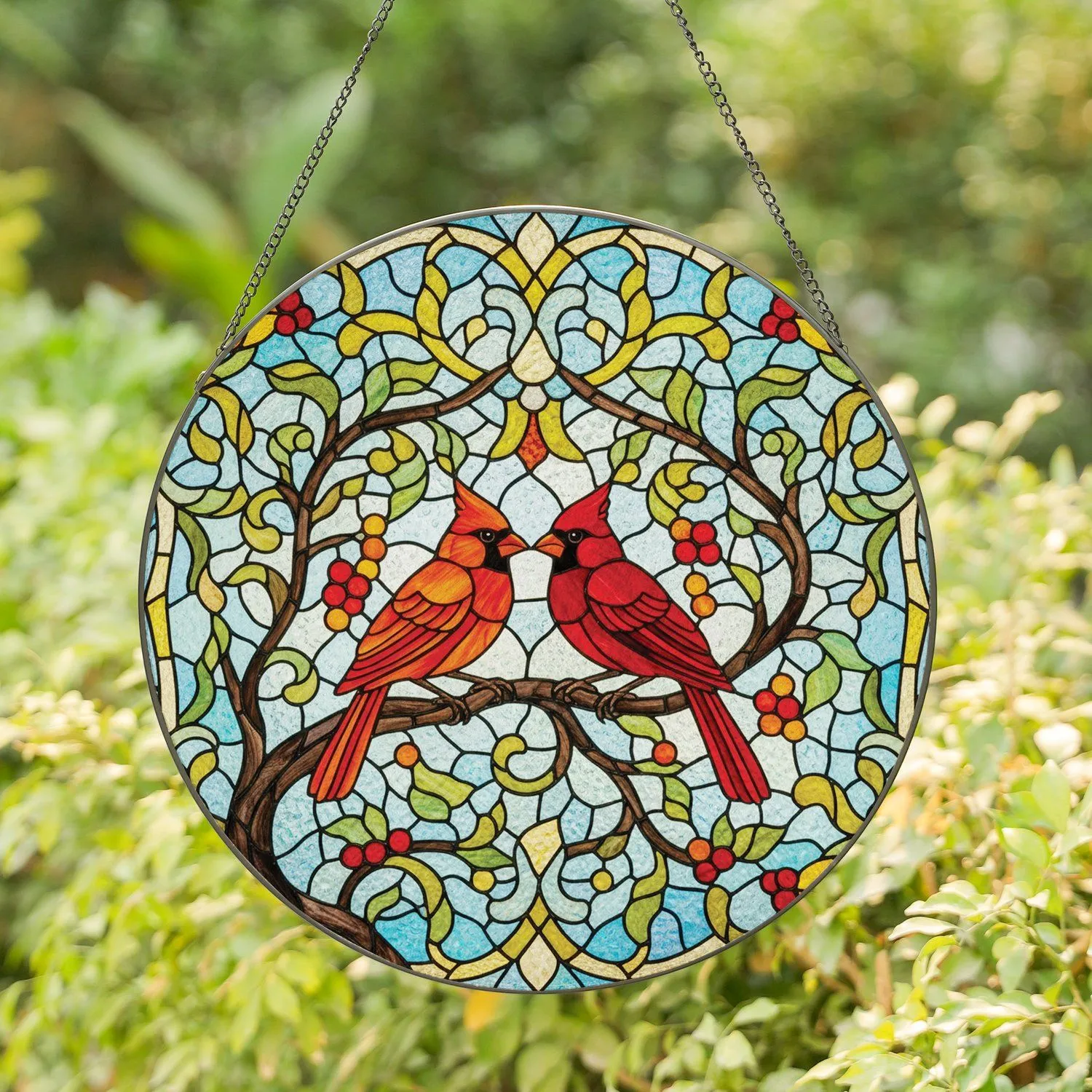 Cardinal Birds Tree Branch Mosaic Jewel Tones - Home Decor Gift for Bird Lover Stained Glass Suncatcher - 1