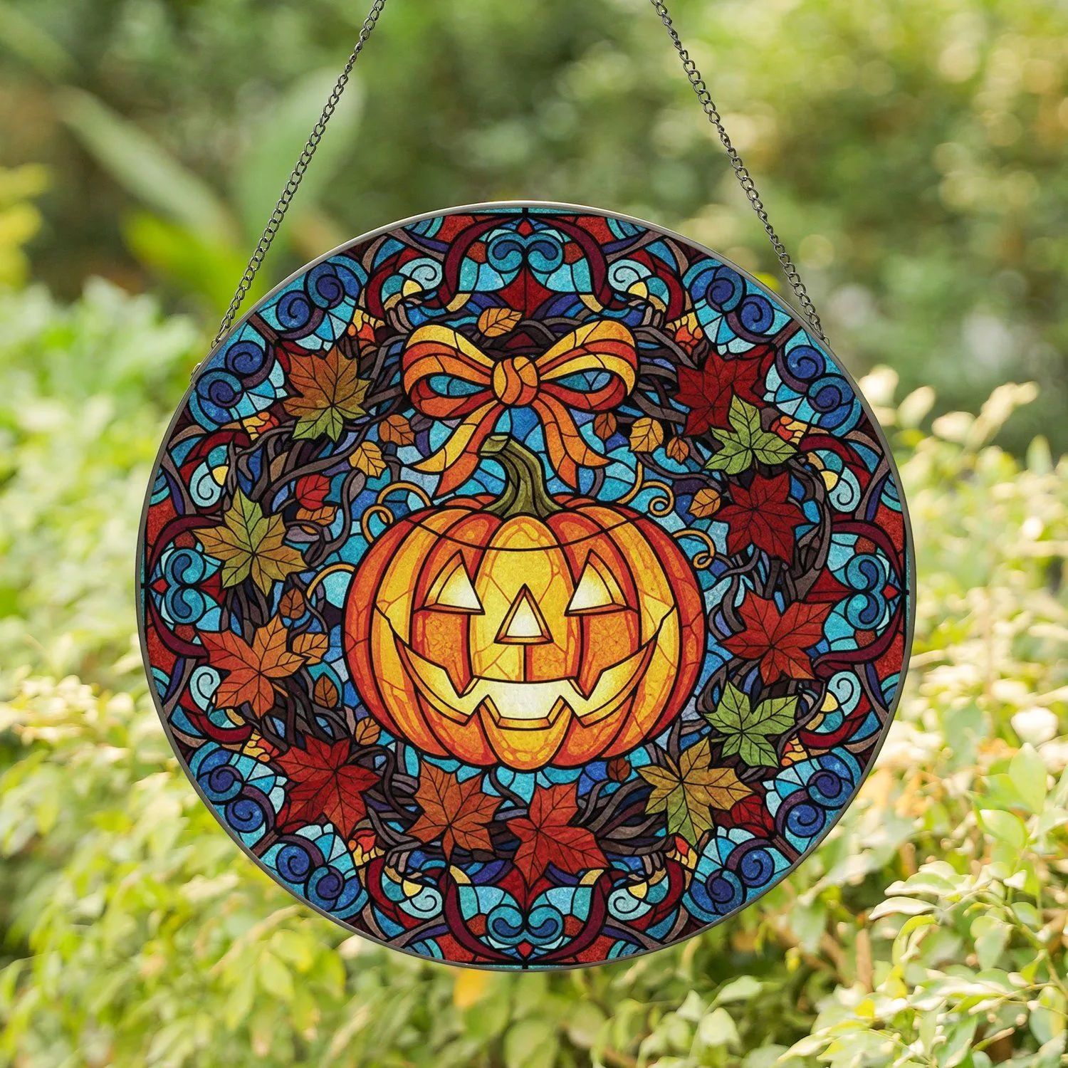 Grinning Jack-o'-Lantern Pumpkin Autumn Leaves Wreath - Halloween Home Decor Gift Stained Glass Suncatcher - 1