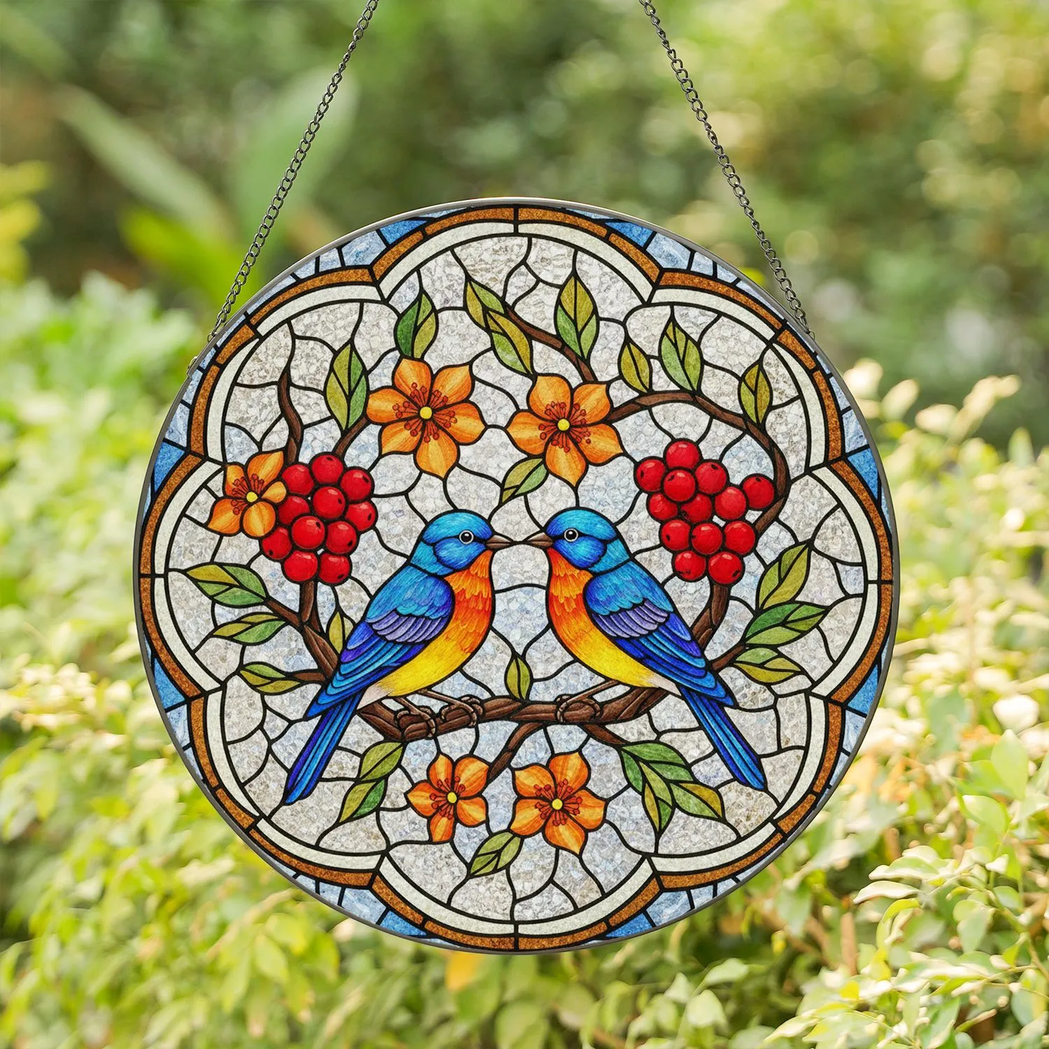 Two Birds Perched Gnarled Branch Stained Glass Mosaic Red Berries Orange Blossoms - Home Decor Gift Stained Glass Suncatcher - 1