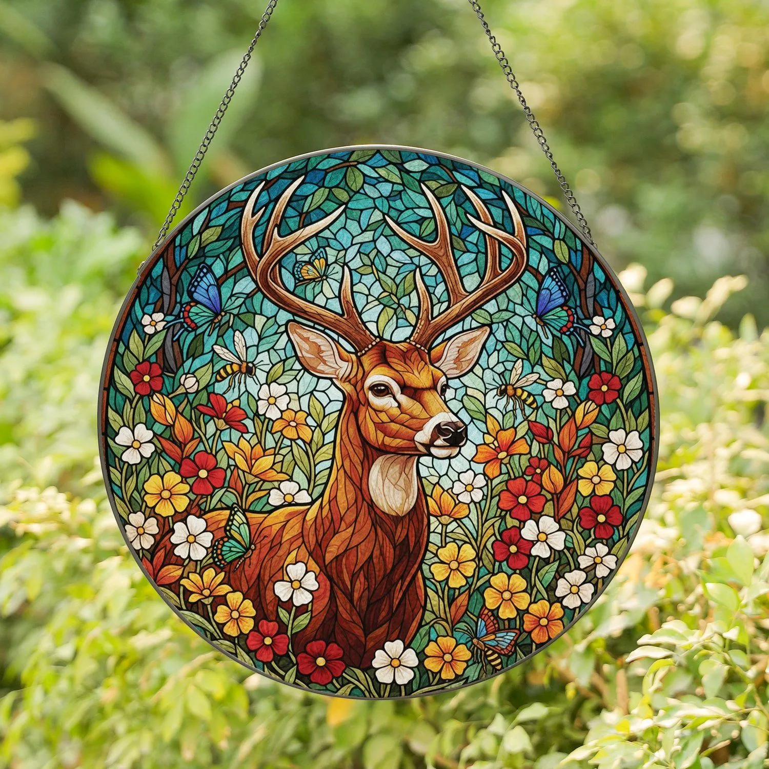 Antlered Buck Wildflower Butterfly Bee Forest Foliage - Wildlife Lover Home Decor Gift Stained Glass Suncatcher - 1