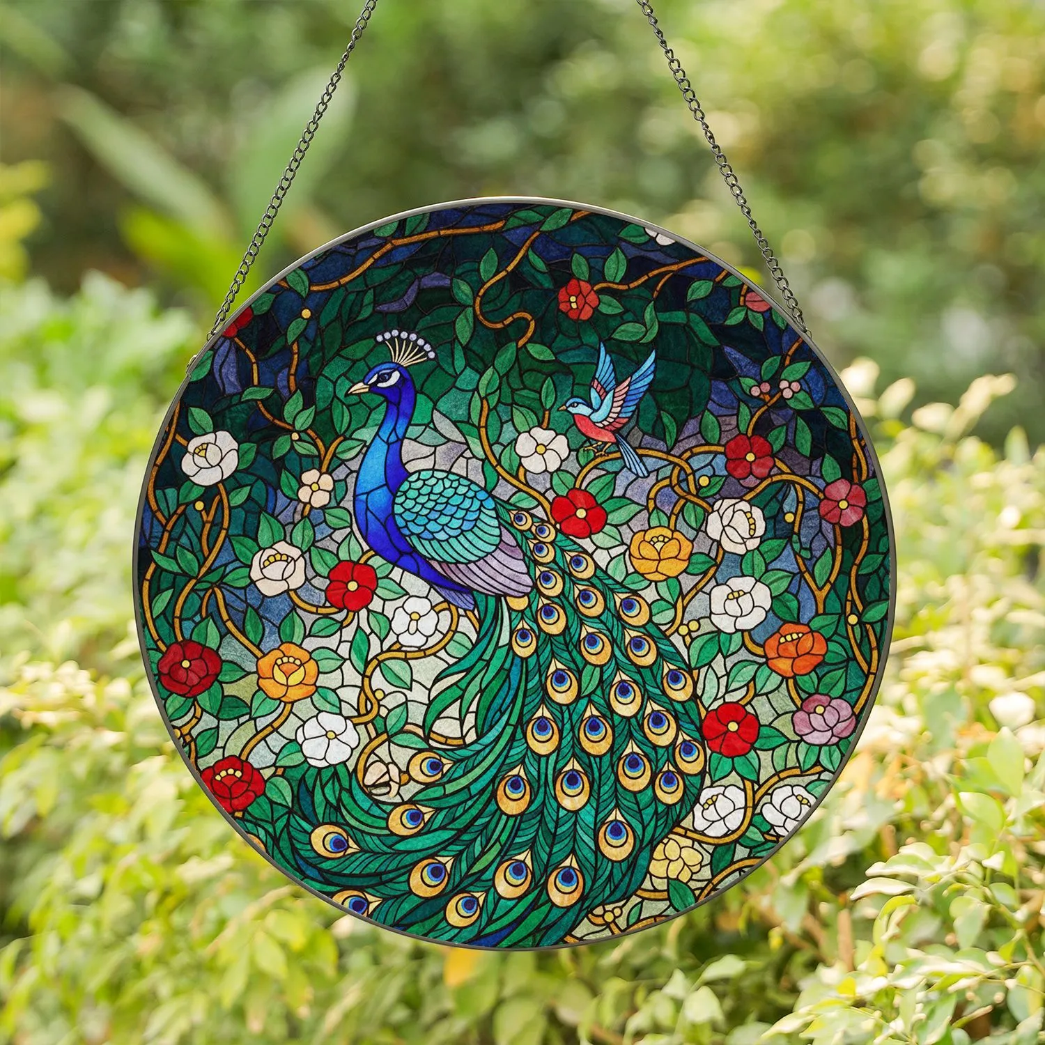 Magnificent Peacock Vibrant Floral Tiffany Glass Perching Bird - Home Decor Gift Stained Glass Suncatcher - 1