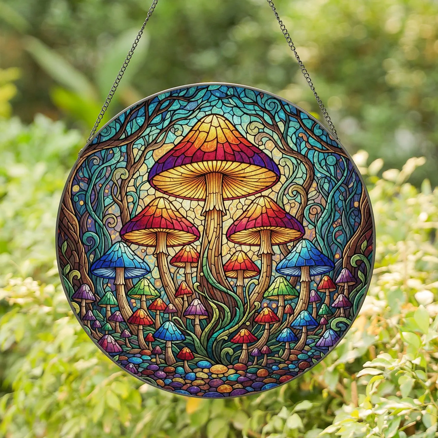 Fantastical Glowing Mushroom Forest with Organic Woodland Tree Shapes - Home Decor Gift Stained Glass Suncatcher - 1