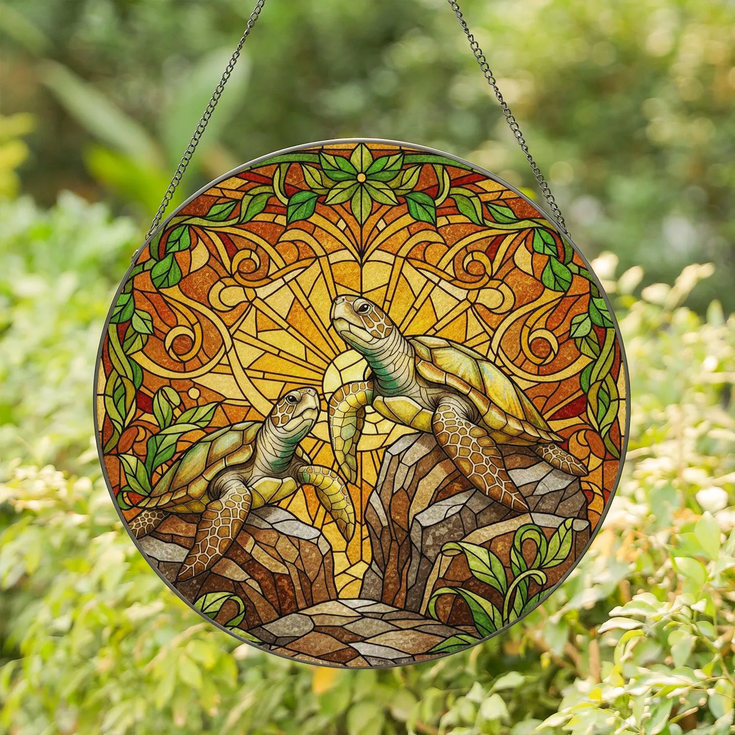 Two Turtles Textured Rocks Green Foliage Archway - Wildlife Lover Home Decor Gift Stained Glass Suncatcher - 1