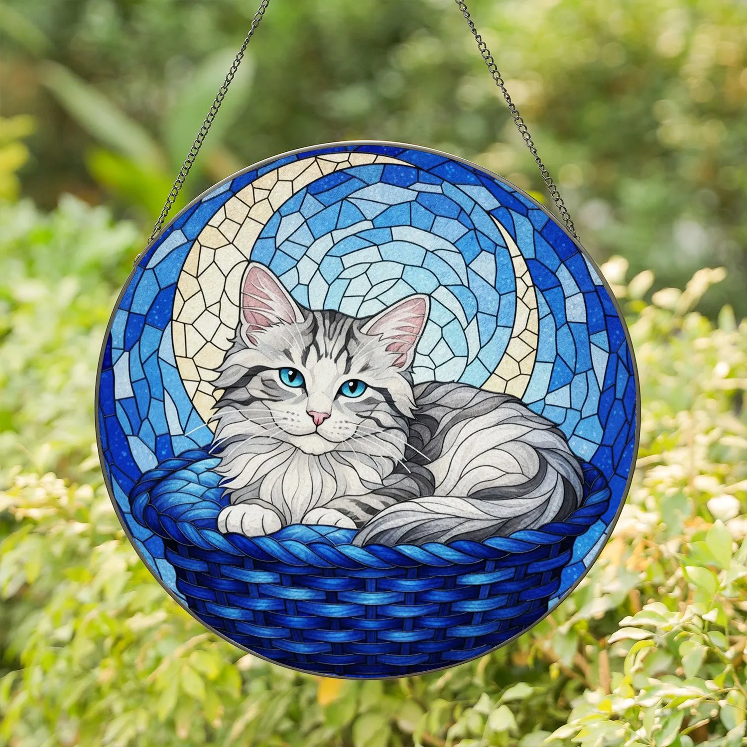Curled Tabby Kitten Woven Basket Crescent Moon - Home Decor Gift for Cat Lover Stained Glass Suncatcher - 1
