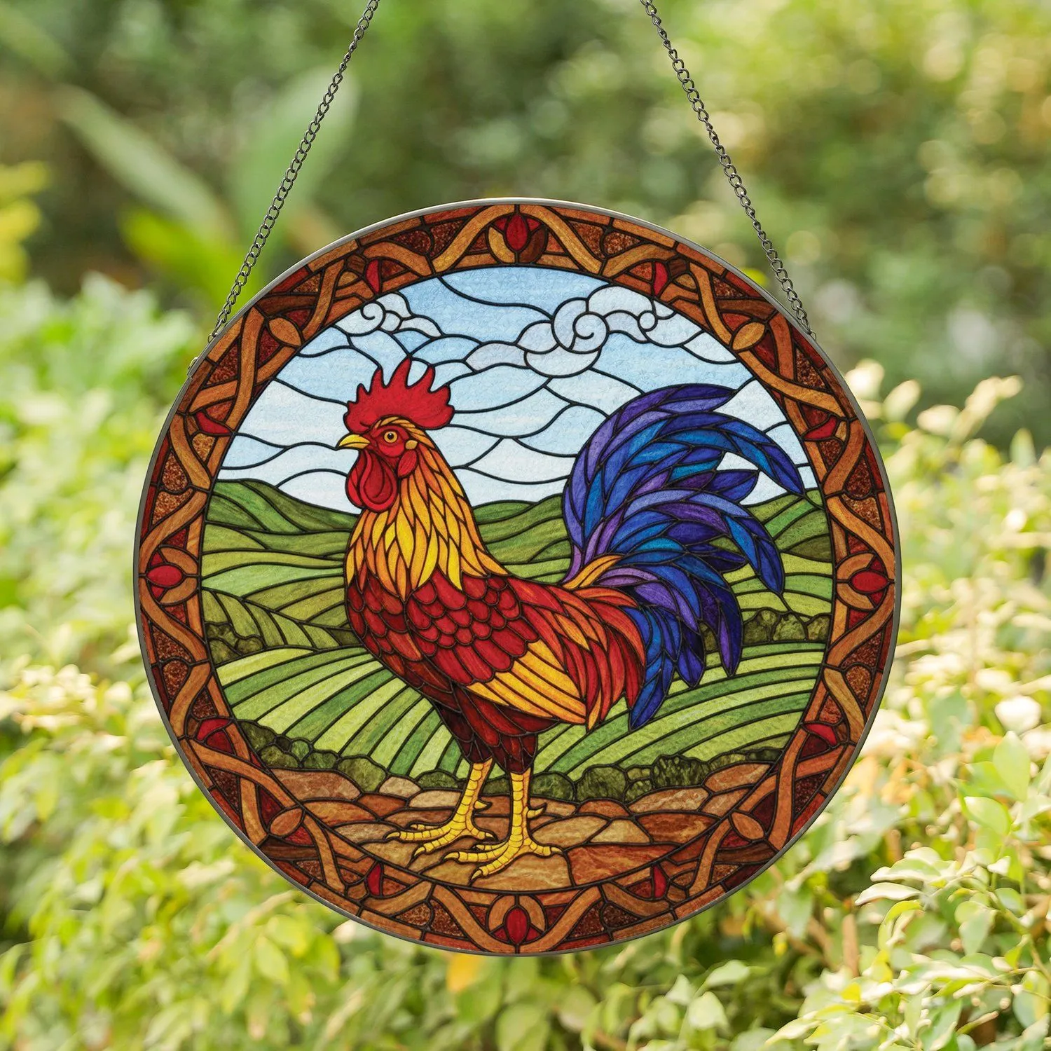 Rooster Fanned Tail Mosaic Hills Circular Border - Farmhouse Decor Gift Stained Glass Suncatcher - 1
