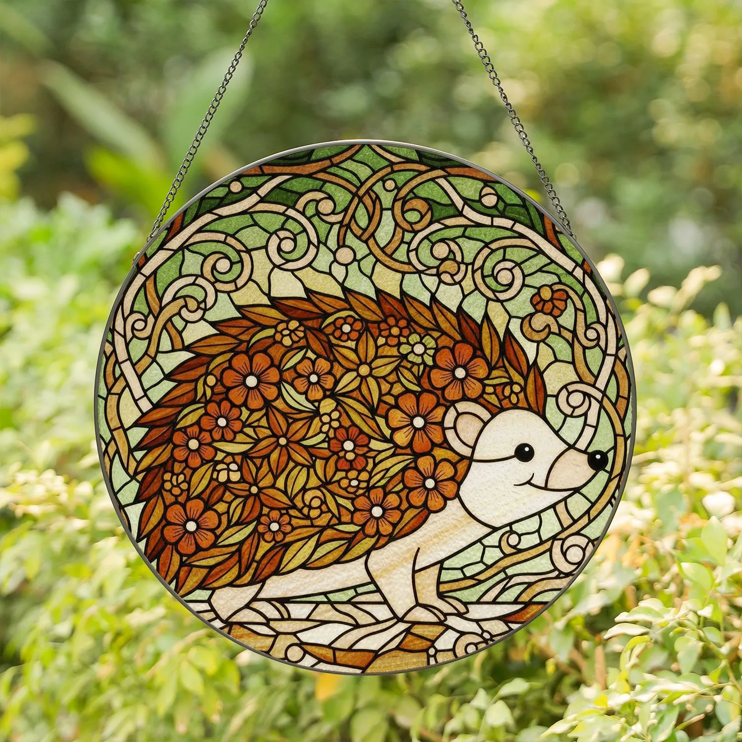 Stained Glass Hedgehog Mosaic Flowers Foliage Home Decor Gift for Wildlife Lover Stained Glass Suncatcher - 1