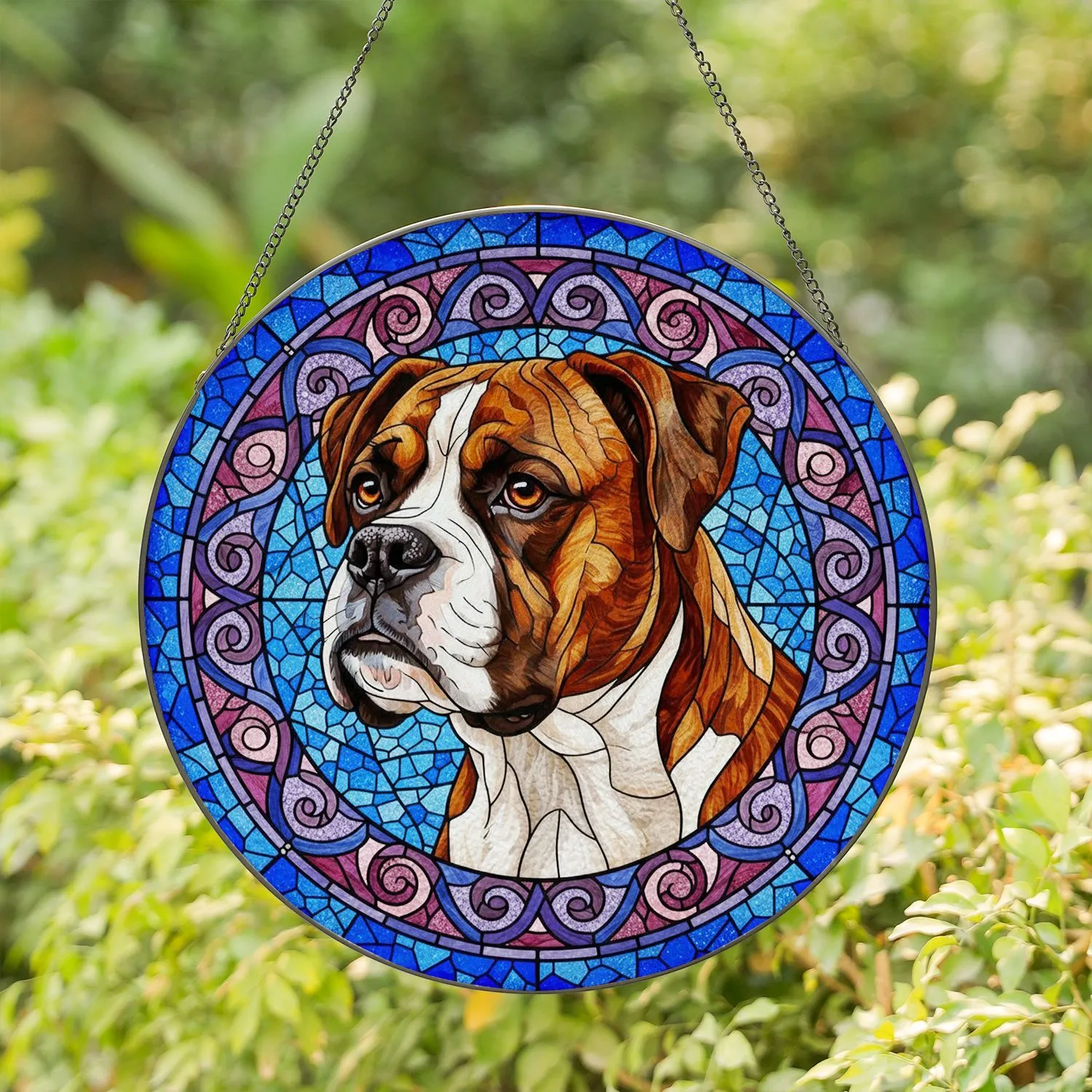 Majestic Brindle Boxer Dog Dreamcatcher Stained Glass Blue Sky Home Decor Gift Stained Glass Suncatcher - 1