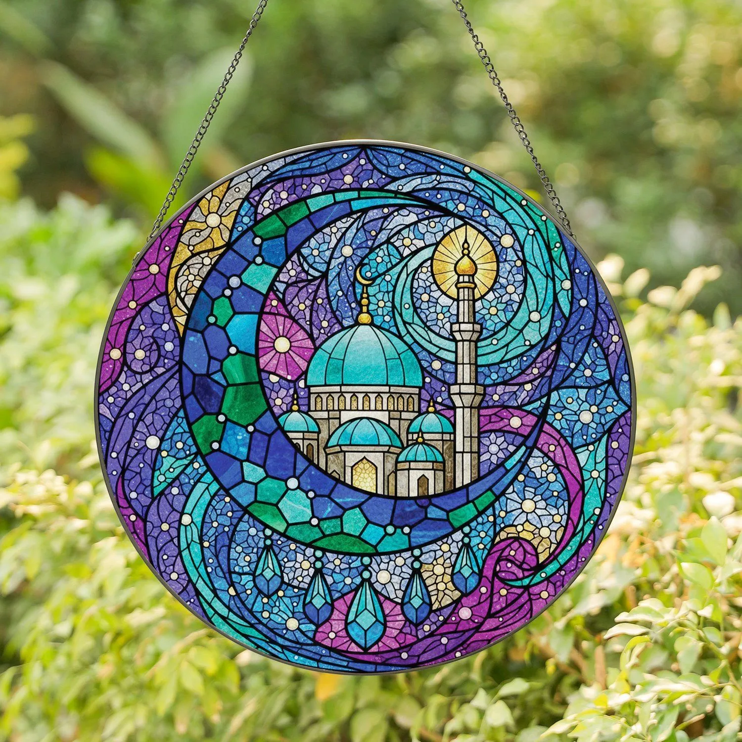 Crescent Moon Mosque Crystal Ornaments Starlight Nebulae - Home Decor Gift Stained Glass Suncatcher - 1